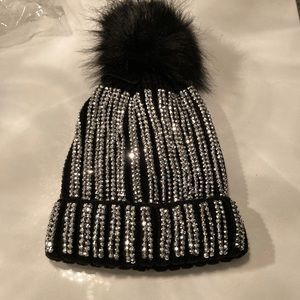 Black, Red or White with Silver Rhinestone, Pom beanie hat